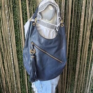 Michael Kors Navy Blue Leather Hobo Bag with Tassel Charm